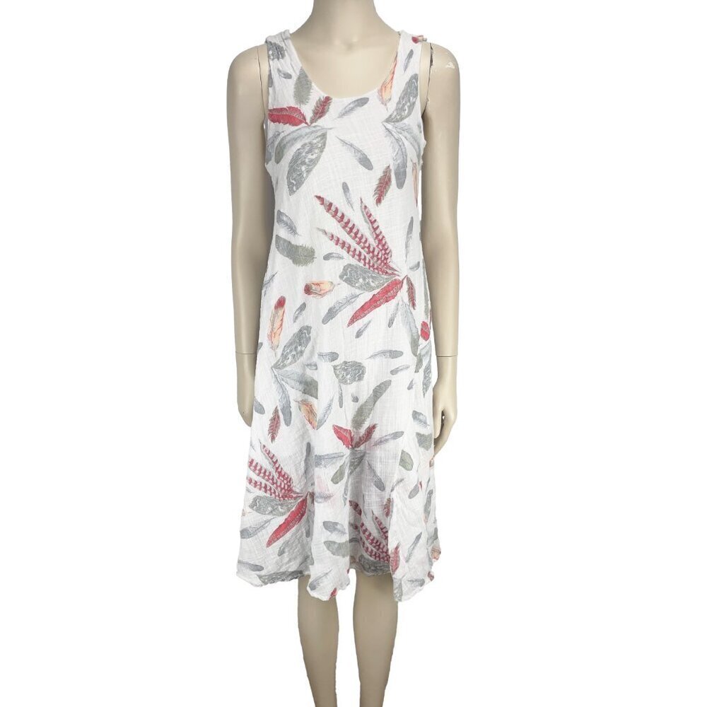 ANGELA MARA Vacation Dress Cotton Viscose Feathers Print White Midi‎ Italy Large